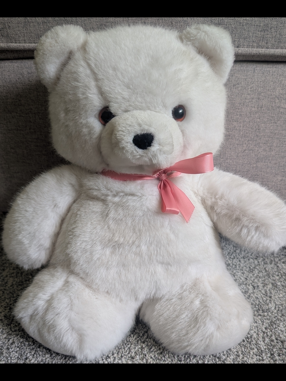 Vintage 1984 Dakin 14” White Soft Teddy Bear Plush Stuffed Animal w/ Pink Ribbon
